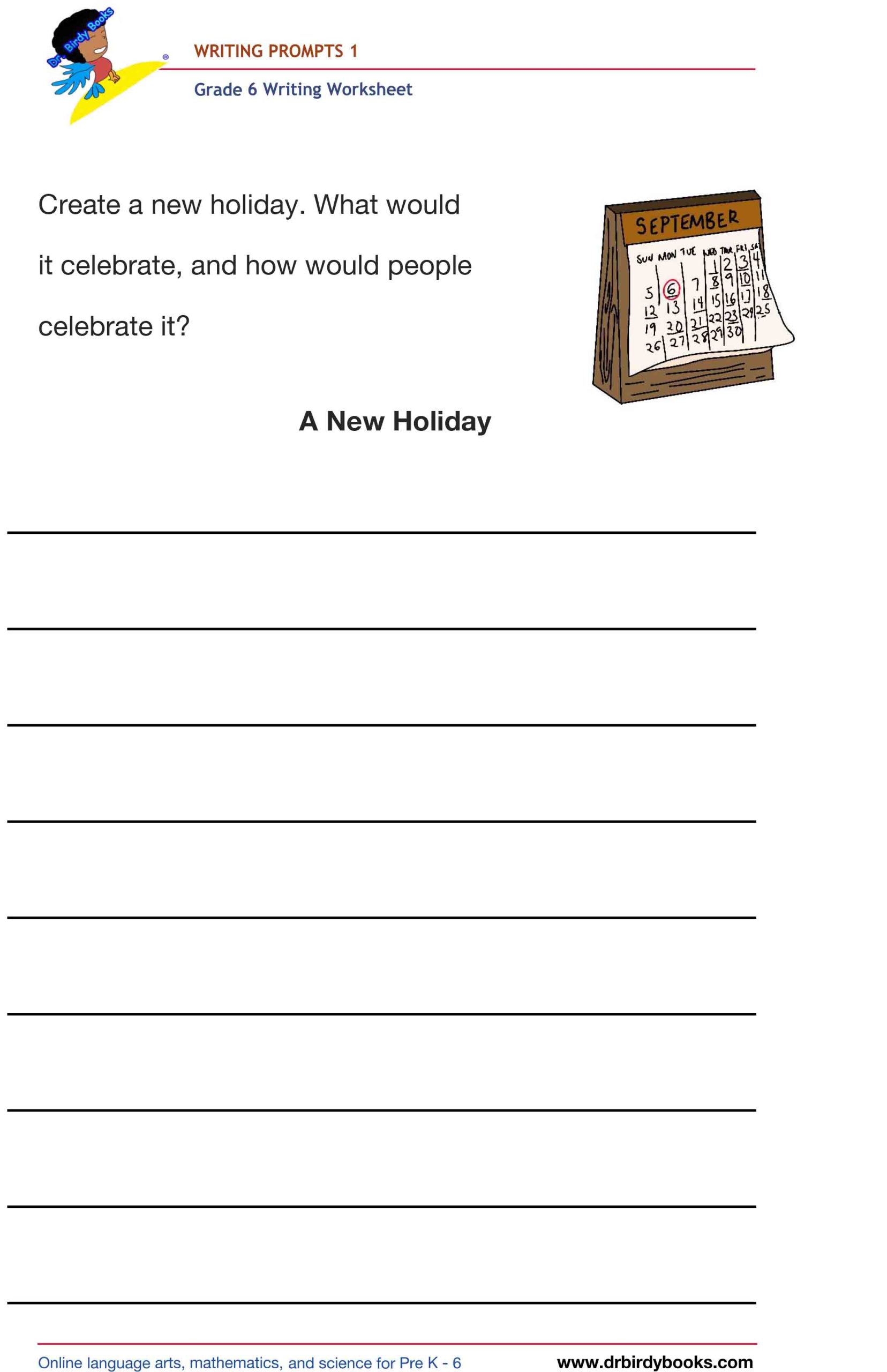 Grade 6 Writing Prompts Worksheet featuring unique scenarios for students to write about creatively.