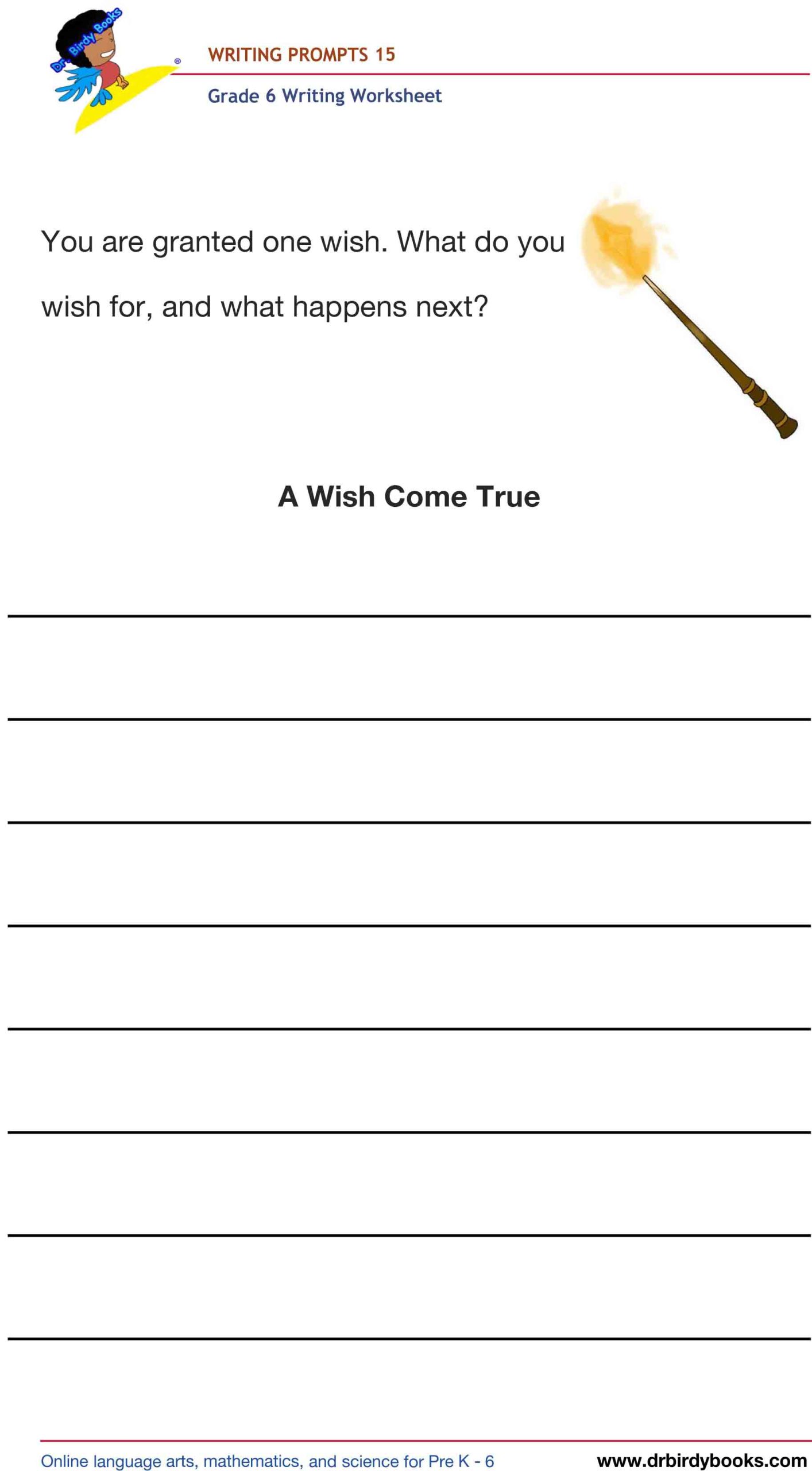 Grade 6 Writing Prompts Worksheet featuring unique scenarios for students to write about creatively.