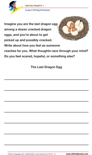 Grade 6 Writing Prompts Worksheet featuring unique scenarios for students to write about creatively.