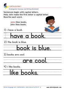 Kindergarten Capitalization Worksheet showing sentences with lowercase letters to be corrected with capital letters.