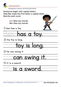 Kindergarten Capitalization Worksheet showing sentences with lowercase letters to be corrected with capital letters.