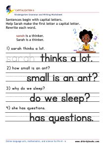 Kindergarten Capitalization Worksheet showing sentences with lowercase letters to be corrected with capital letters.