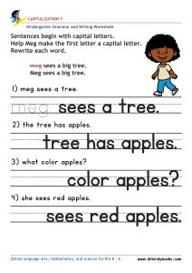 Kindergarten Capitalization Worksheet showing sentences with lowercase letters to be corrected with capital letters.