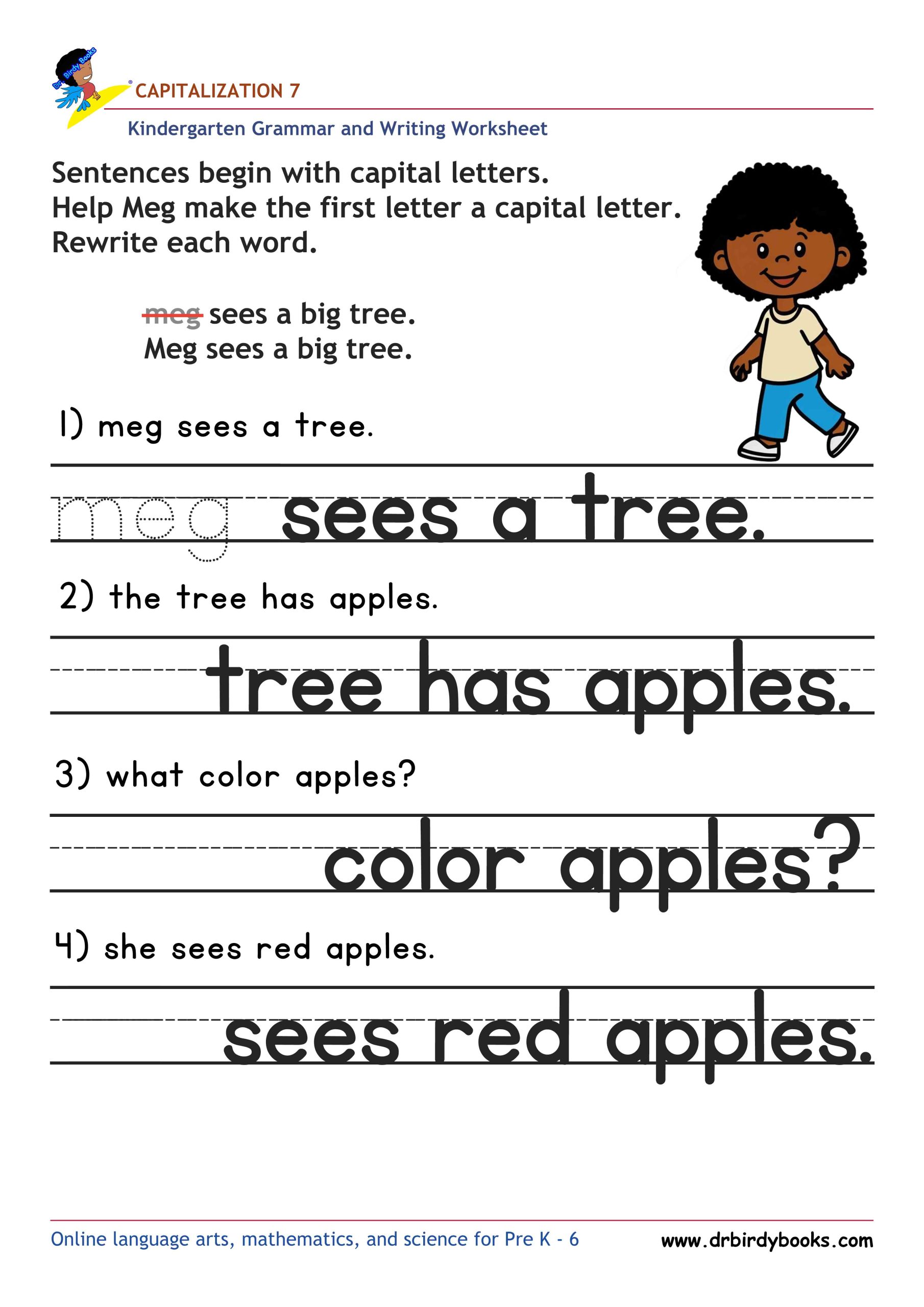 Kindergarten Capitalization Worksheet showing sentences with lowercase letters to be corrected with capital letters.