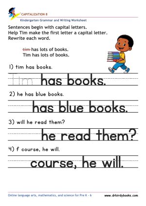 Kindergarten Capitalization Worksheet showing sentences with lowercase letters to be corrected with capital letters.