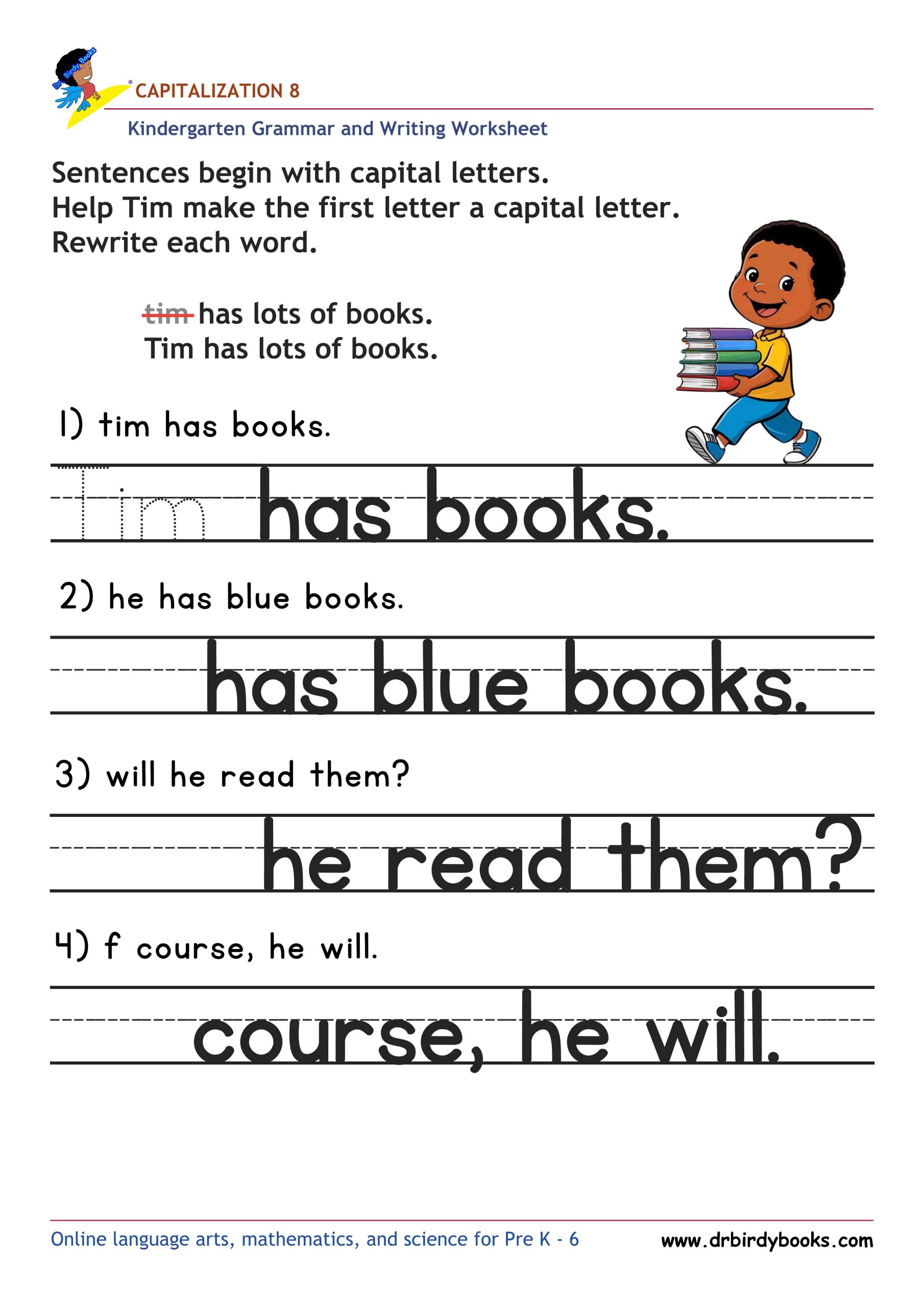 Kindergarten Capitalization Worksheet showing sentences with lowercase letters to be corrected with capital letters.