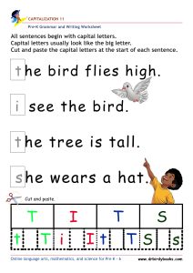 Pre K Capitalization Worksheet showing a sentence with a lowercase letter and letter choices for students to cut and paste.