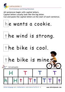 Pre K Capitalization Worksheet showing a sentence with a lowercase letter and letter choices for students to cut and paste.