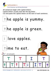 Pre K Capitalization Worksheet showing a sentence with a lowercase letter and letter choices for students to cut and paste.