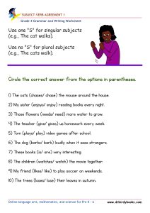 Grade 4 Subject-Verb Agreement Worksheet with verb choice sentences