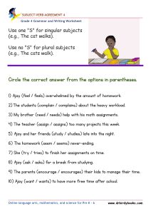 Grade 4 Subject-Verb Agreement Worksheet with verb choice sentences