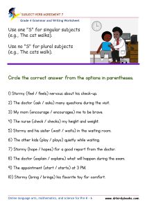 Grade 4 Subject-Verb Agreement Worksheet with verb choice sentences