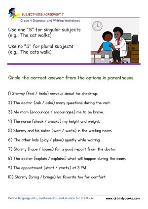 Grade 4 Subject-Verb Agreement Worksheet with verb choice sentences
