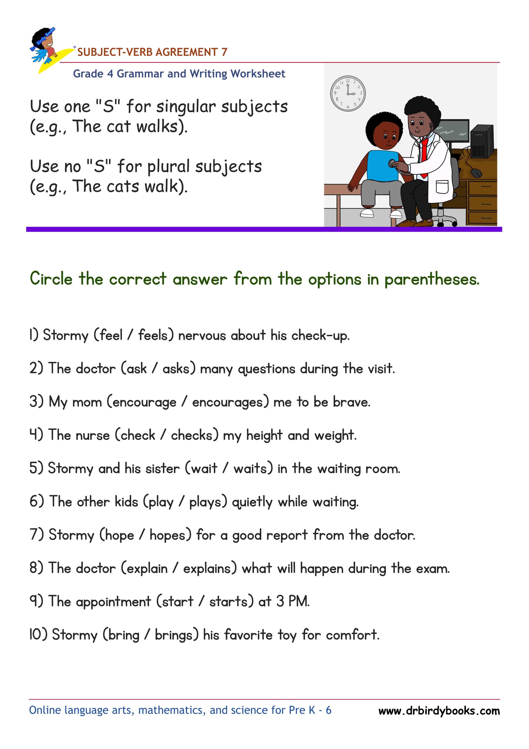 Grade 4 Subject-Verb Agreement Worksheet with verb choice sentences