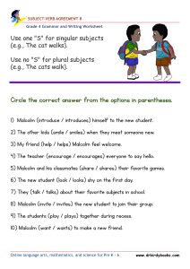 Grade 4 Subject-Verb Agreement Worksheet with verb choice sentences