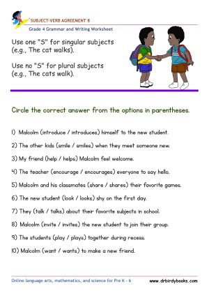 Grade 4 Subject-Verb Agreement Worksheet with verb choice sentences