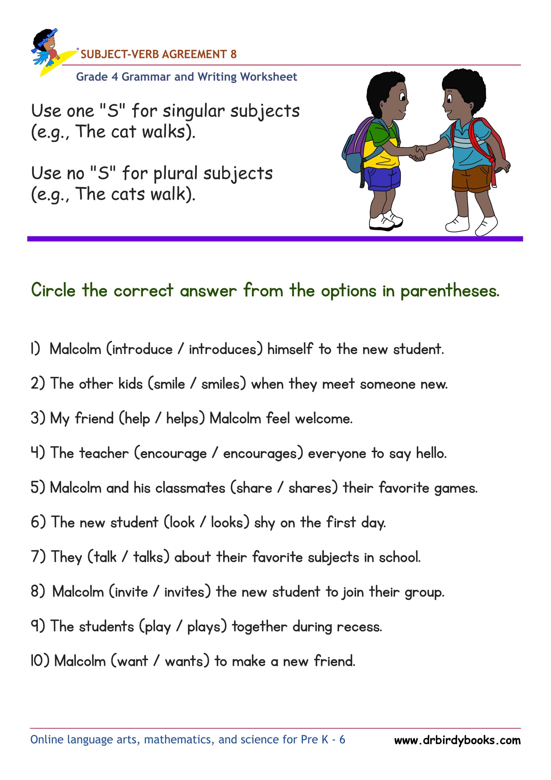 Grade 4 Subject-Verb Agreement Worksheet with verb choice sentences