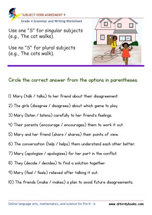 Grade 4 Subject-Verb Agreement Worksheet with verb choice sentences