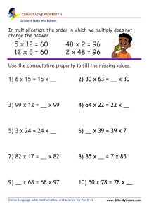 Grade 4 Commutative Property Worksheet for multiplication practice