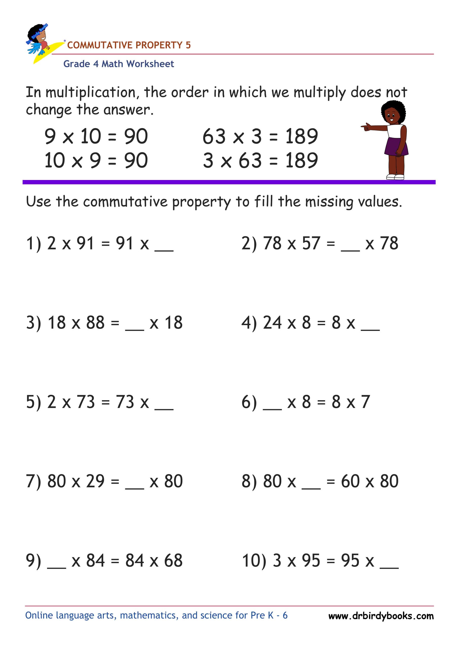 Grade 4 Commutative Property Worksheet for multiplication practice