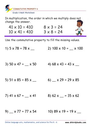 Grade 4 Commutative Property Worksheet for multiplication practice
