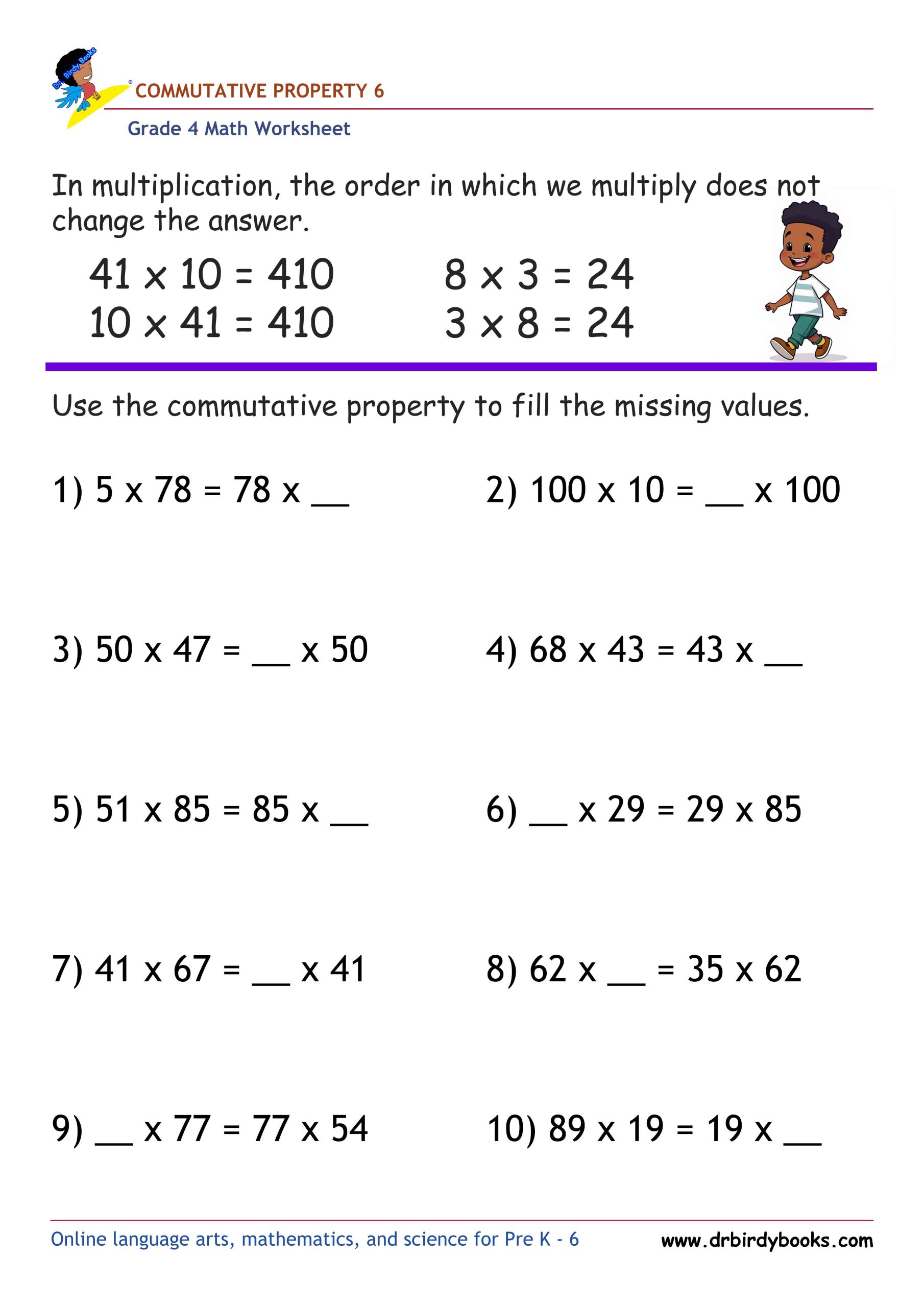 Grade 4 Commutative Property Worksheet for multiplication practice