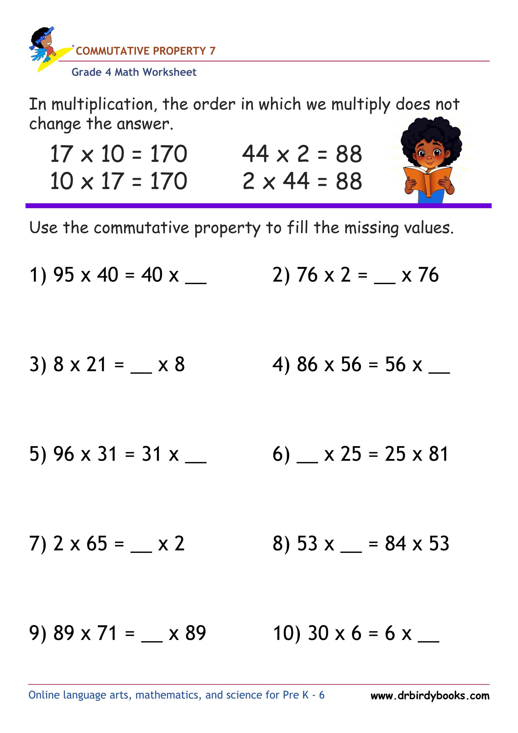Grade 4 Commutative Property Worksheet for multiplication practice