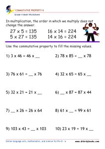 Grade 4 Commutative Property Worksheet for multiplication practice