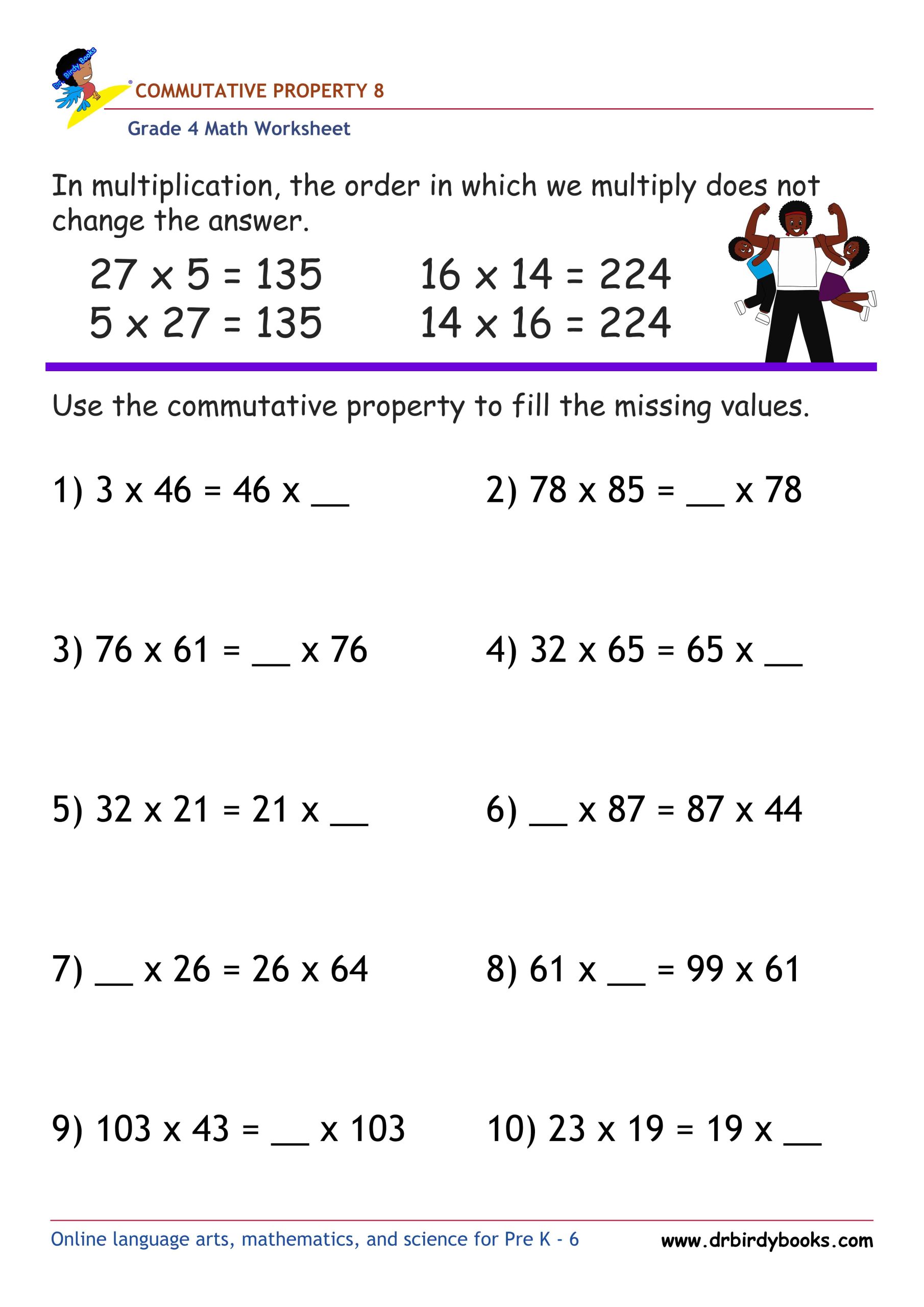 Grade 4 Commutative Property Worksheet for multiplication practice