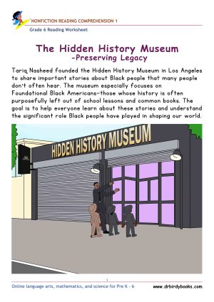 Grade 6 nonfiction reading comprehension worksheet on Hidden History Museum