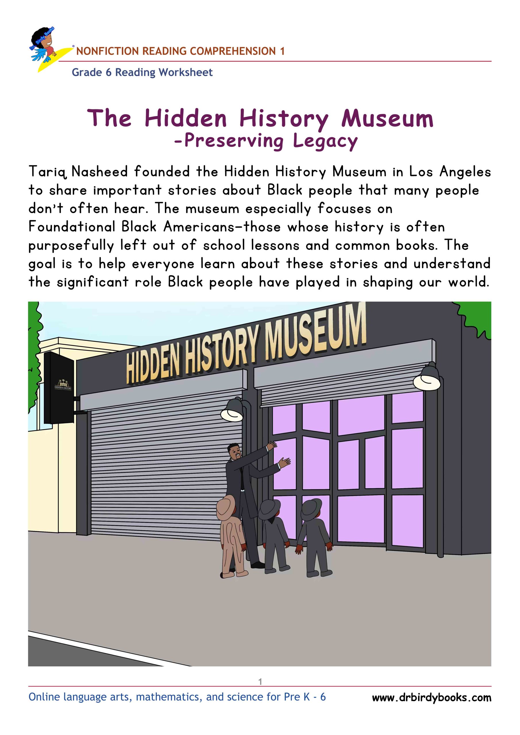 Grade 6 nonfiction reading comprehension worksheet on Hidden History Museum