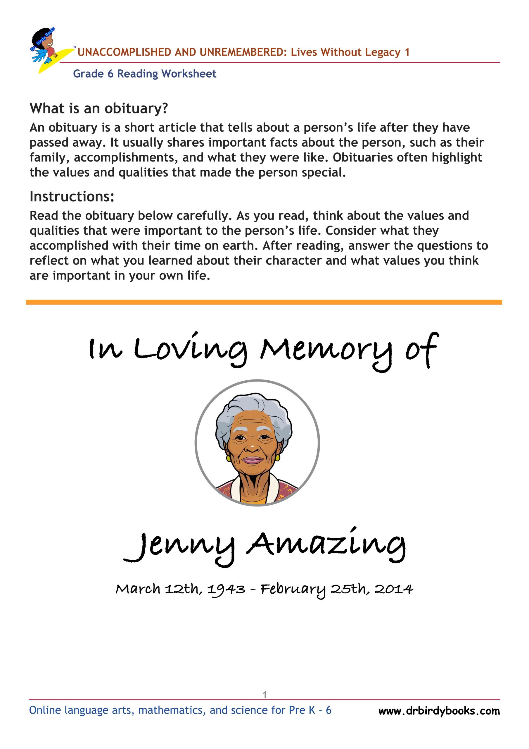 Grade 6 Reading Values Worksheet with obituary and reflection questions