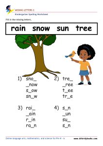 Kindergarten spelling missing letters worksheet for early literacy practice
