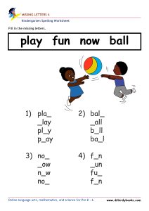 Kindergarten spelling missing letters worksheet for early literacy practice