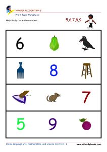 Pre K Math Number Recognition Worksheet with pictures and numbers.
