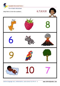Pre K Math Number Recognition Worksheet with pictures and numbers.