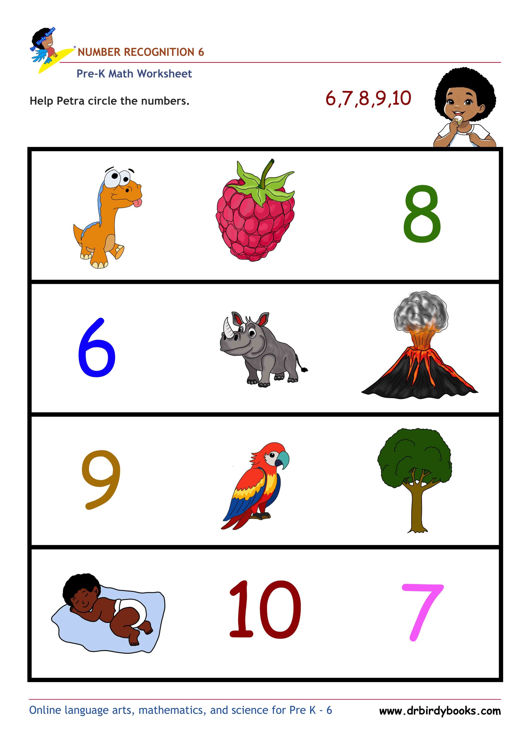 Pre K Math Number Recognition Worksheet with pictures and numbers.