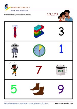 Pre K Math Number Recognition Worksheet with pictures and numbers.