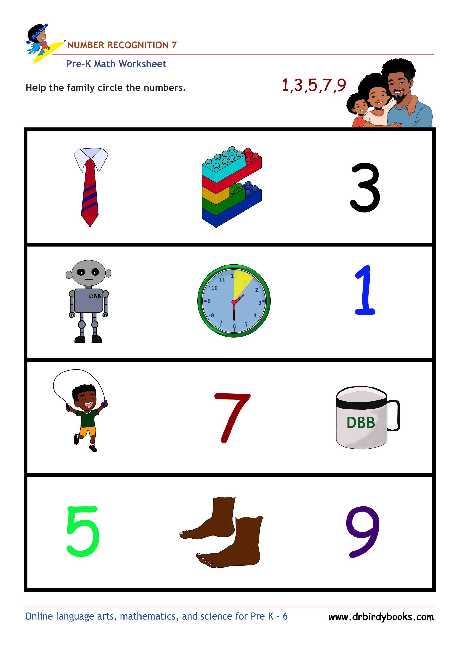 Pre K Math Number Recognition Worksheet with pictures and numbers.