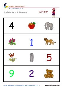 Pre K Math Number Recognition Worksheet with pictures and numbers.