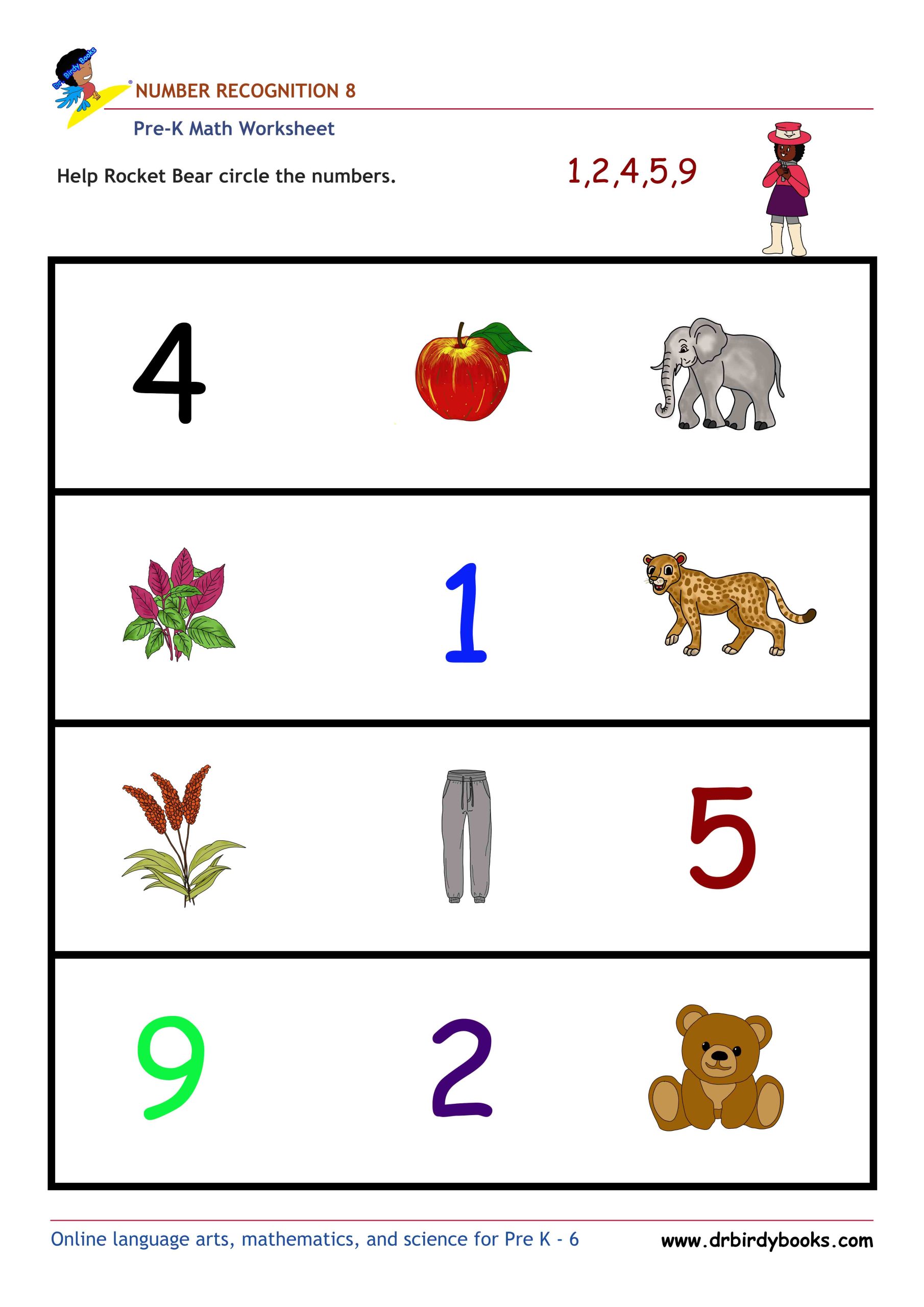 Pre K Math Number Recognition Worksheet with pictures and numbers.