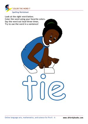Pre K Spelling Color the Word Worksheet for sight word recognition