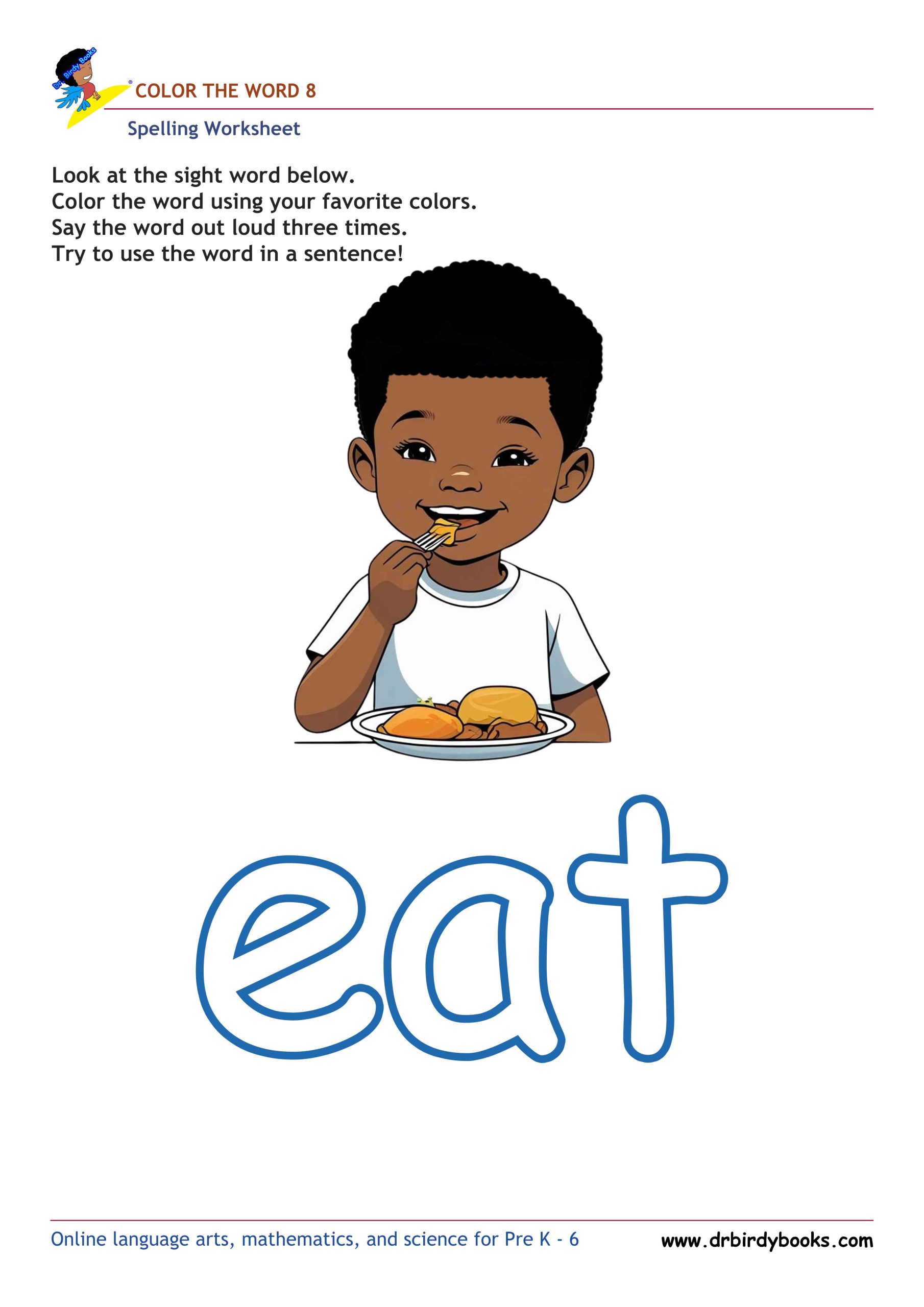 Pre K Spelling Color the Word Worksheet for sight word recognition