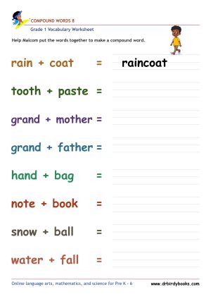 Grade 1 compound words worksheet for vocabulary practice and word building