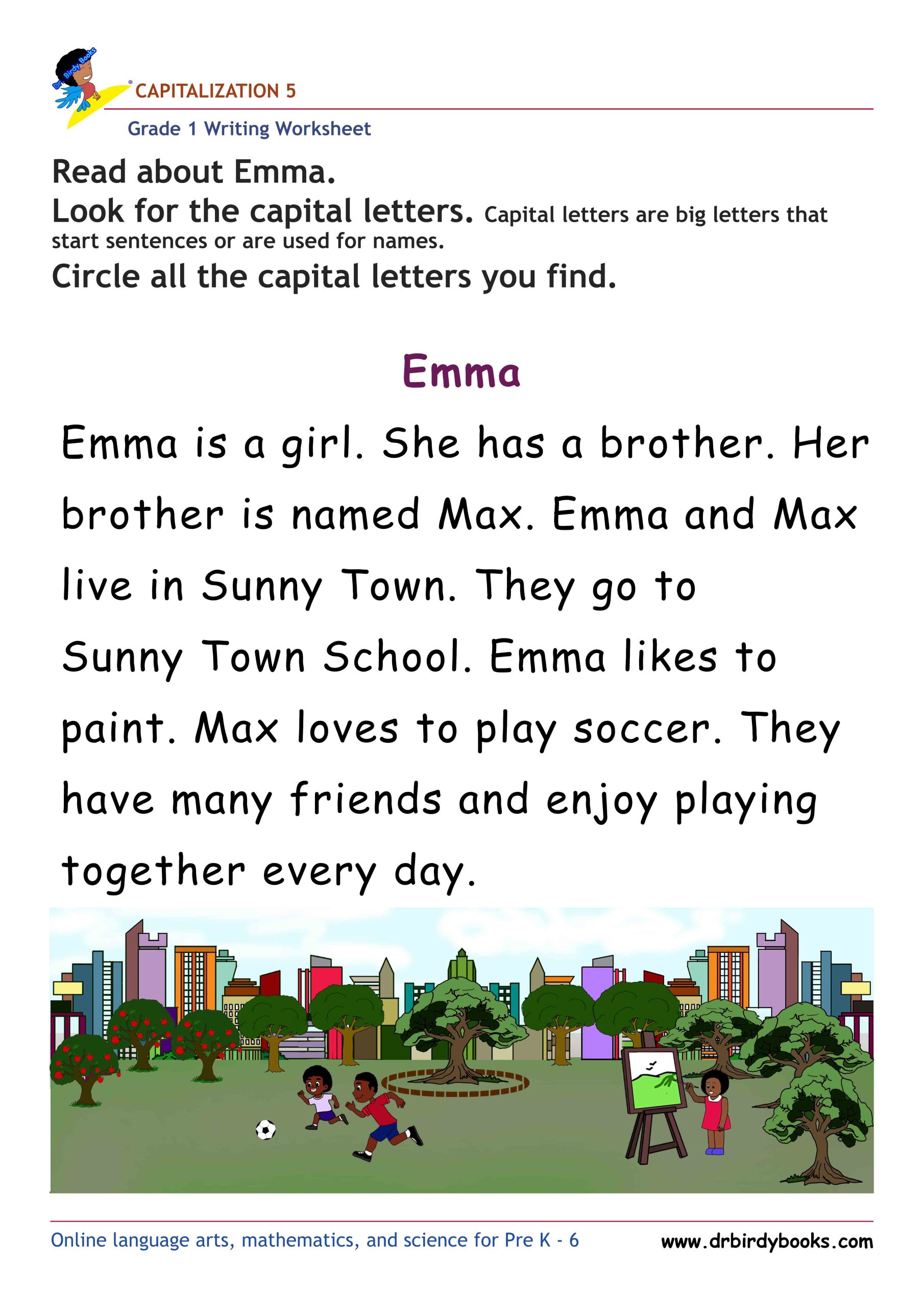 Grade 1 capitalization writing worksheet for letter recognition practice