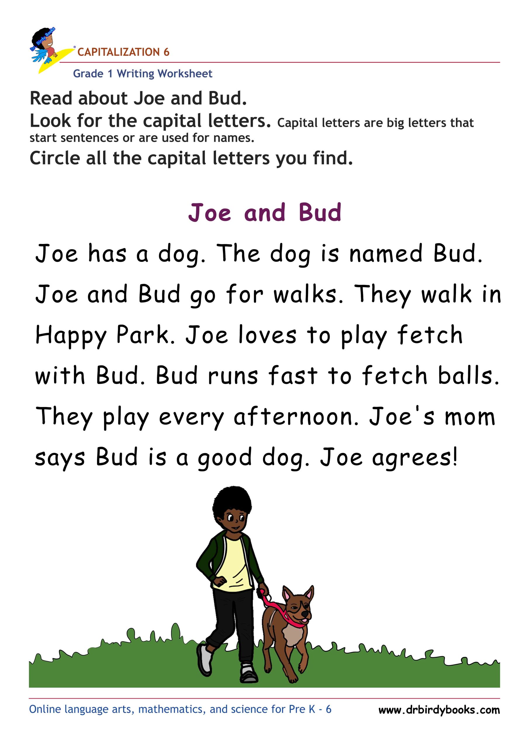 Grade 1 capitalization writing worksheet for letter recognition practice