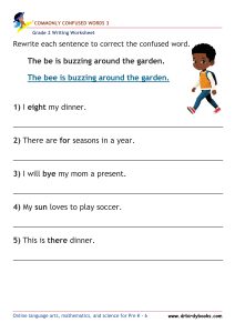 Grade 2 commonly confused words worksheet for writing practice and homophone correction