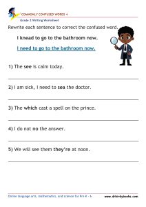 Grade 2 commonly confused words worksheet for writing practice and homophone correction