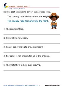Grade 2 commonly confused words worksheet for writing practice and homophone correction