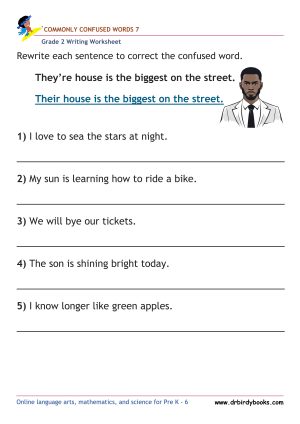 Grade 2 commonly confused words worksheet for writing practice and homophone correction